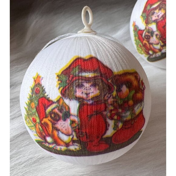 Set Of 8 Vintage White Satin Ball Ornaments - Children & Dogs - Pyramid - Picture 4 of 8
